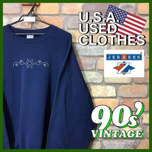 ME11-723★90s USA古着★【JERZEES ジャージーズ】キラキラ刺繍 スウェットシャツ トレーナー【XL】ネイビー ドロップショルダー