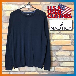 ME8-233★正規&USA購入品★【NAUTICA ノーティカ】刺繍ロゴ コットンセーター【メンズ M】濃紺 ネイビー コットンニット 薄手 セーリング