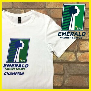 ME11-156★状態良好★USA直輸入!!★【海外サッカーリーグ EMERALD PREMIER LEAGUE】白 プリント 半袖 Tシャツ【メンズ S】スポーツ 古着