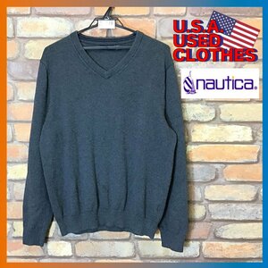 ME7-778★USA購入品★正規品★【NAUTICA ノーティカ】刺繍ロゴ Vネック コットンセーター【メンズ L】チャコールグレー 濃灰 ニット