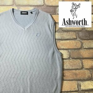 ME8-318★USA直輸入★良品＆正規品★【ASHWORTH アシュワース】シェブロンストライプ模様 刺繍ロゴ Vネックベスト【メンズ M】グレー