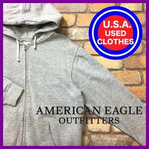 ME11-601★USA古着★正規品★【AMERICAN EAGLE アメリカンイーグル】裾ロゴ入り 定番 シンプル フルジップパーカー【メンズ L】杢グレー