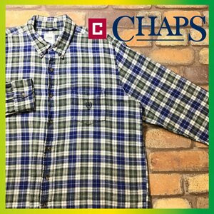 ME9-024★美USED品★USA古着★【CHAPS チャップス】チェック 長袖 ボタンダウン ネルシャツ【メンズ L】ネイビー ワンポイントロゴ