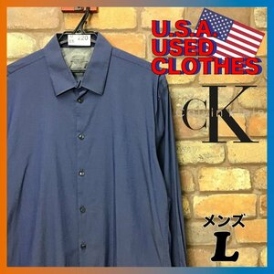 ME6-220*USA buying attaching commodity * condition excellent *[Calvin Klein Calvin Klein ] slim Fit stretch shirt [ men's L] navy blue long sleeve shirt USA old clothes 