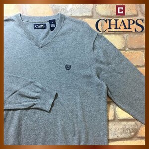 ME7-742★USA直輸入状態良好★【CHAPS チャップス】カシミヤ混 刺繍ロゴ Vネック セーター【メンズ M】グレー ニット ゴルフ USA古着