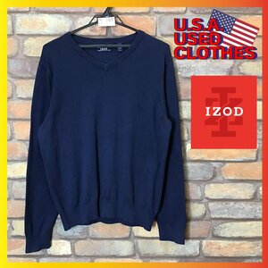 ME7-997★アメリカ古着★USA買付商品★定番・万能【IZOD アイゾッド】無地 Vネック セーター【メンズ M】紺 ネイビー 薄手 ニット ゴルフ