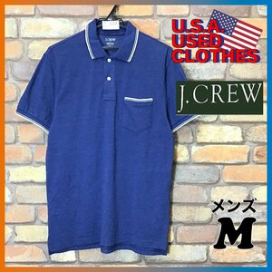 ME5-007★状態良好★USA買付★正規品★【J.CREW ジェイクルー】上質 ピケ 胸ポケ 半袖 ポロシャツ【メンズ M】青 ライン入り アメリカ古着