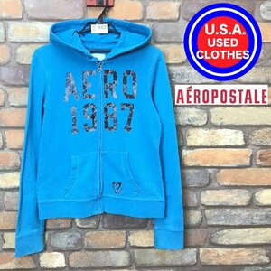 SD10-682★アメリカ買付商品★【AEROPOSTALE】ジップアップ パーカー【レディース M】ターコイズブルー スウェット フーディー