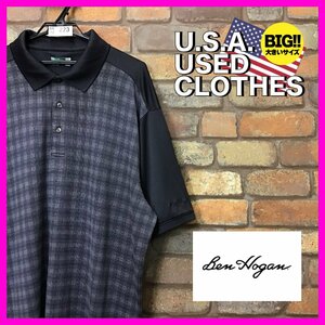 ME12-223★USA古着★オーバーサイズ【Ben hogan】チェック 袖切替 半袖ポロシャツ【メンズ 2XL】チャコールグレー ゴルフ ワーク アメカジ