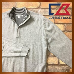 ME8-743★USA購入★やや訳有格安★【CUTTER&BUCK カッター&バック】肘当て付 ハーフジップ セーター【メンズ L】灰 企業ロゴ ニット ゴルフ