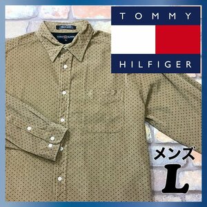 SD8-587★USA買付商品★GOODデザイン★【TOMMY HILFIGER トミーヒルフィガー】長袖 総柄 プリント コーデュロイシャツ【L】ベージュ