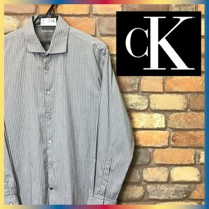 ME9-504★状態◎★USA正規★グレー【Calvin Klein カルバン・クライン】コットンポリ カッタウェイカラー チェックシャツ【メンズ L】長袖