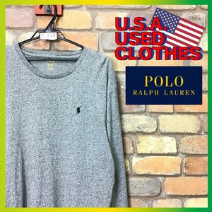 ME1-613★海外正規品★グレー★【POLO RALPH LAUREN ポロラルフローレン】ポニー刺繍ロゴ 長袖 コットン Tシャツ【メンズ M】古着 アメカジ