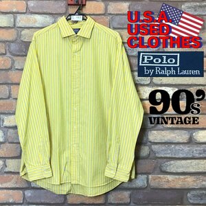 ME5-287★90’S VINTAGE★旧タグ★【Polo by Ralph Lauren】長袖 ストライプシャツ【メンズ L】黄 香港製 ヴィンテージ BIGサイズ アメカジ