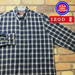 ME9-484★USA買付商品★美品【IZOD アイゾッド】綿100 チェック柄 長袖ボタンダウンシャツ【メンズ L】紺 緑 ゴルフ BDシャツ