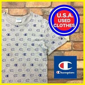 ME12-113★USA古着★復刻バータグ【Champion】Cマーク ロゴ総柄 クルーネックTシャツ【メンズ L】グレー アメカジ ストリート 古着