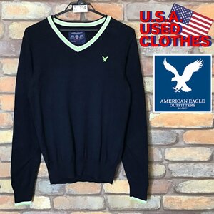 ME8-154★アメリカ買付商品★良品【AEO アメリカンイーグル】希少 小さめサイズ Vネックセーター【メンズ S】紺 刺繍ロゴ ニット