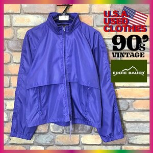 ME7-537★80's~90's 黒タグ★ビンテージ★訳有格安【Eddie Bauer エディーバウアー】収納フード付 ナイロンジャケット【レディース M】青紫