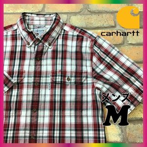 ME2-271★USA買付商品★良品★赤系【Carhartt カーハート】チェック 半袖 オックスフォード ワークシャツ【メンズ M】USA古着 バイク