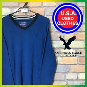 ME6-459★アメリカ買付商品★【AMERICAN EAGLE アメリカンイーグル】胸 刺繍ロゴ Vネック セーター【メンズ S】青 ニット 薄手 USA古着