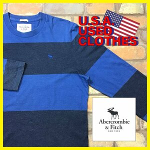 ME11-986★訳アリ★US限定★【Abercrombie&Fitch】太ボーダー 刺繍ロゴ ロンT ネイビー グレー【メンズ L】長袖Tシャツ USA古着 ワーク