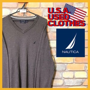 ME6-604★USAビッグサイズ★定番・万能【NAUTICA ノーティカ】胸 刺繍ロゴ Vネック セーター【メンズ XL】ブラウン ニット 薄手生地