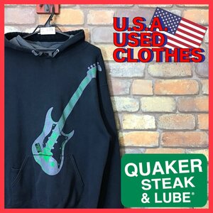 ME11-671★USA古着★現地限定商品★【QUAKER STEAK&LUBE】ギタープリント スウェットパーカー【L】ブラック レストラン 企業物