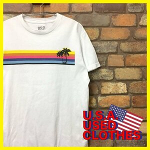 ME10-984★アメリカ直輸入★状態良好!!★【RSQ Collective】ホワイト プリント 半袖 Tシャツ【メンズ M】USA古着 ヤシの木 海 ビーチ 企業