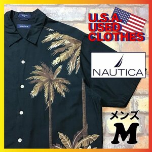 ME2-454◆USA買付品◆ブラック◆【NAUTICA ノーティカ】BOX型 風景柄 半袖 コットンシャツ【メンズ M】黒 ヤシの木 リーフ 古着 柄シャツ