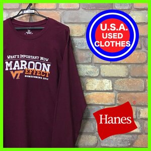 ME11-989★US古着★【バージニア工科大学】Hanes カレッジロンT ワインレッド【メンズ L】アメフト 長袖Tシャツ ビンテージ 海外流通品