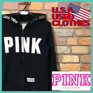 ME11-773★USA直輸入!!★ブラックカラー【PINK VICTORIA'S SECRET】PINKロゴ スウェット ジップパーカー【XS】黒 ピクシー USA古着