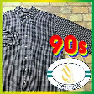 ME9-096★90's VINTAGE★美品【NAUTICA】長袖 ボタンダウンシャツ【メンズ L】紺系 小文字タグ USA古着 ヴィンテージ BDシャツ ラルフ