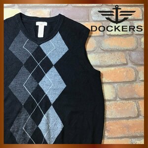 ME8-639★USA直輸入&正規品★【DOCKERS ドッカーズ】アーガイルチェック Vネック ベスト【メンズ M】ブラック アクリルニット 薄手