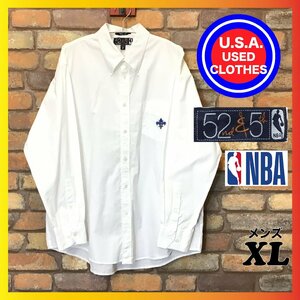 ME11-373★アメリカ買付商品★正規品★【NBA 52nd&5th ホーネッツ】刺繍ロゴ 長袖 ボタンダウンシャツ【メンズ XL】白 BDシャツ 白シャツ