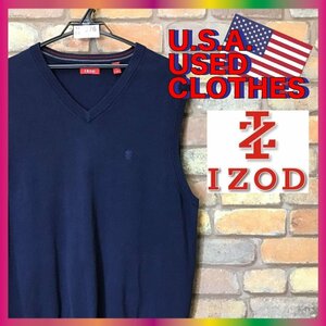 ME6-976★USA買付品★【IZOD アイゾッド】ワンポイント 刺繍ロゴ ニットベスト【メンズ L】紺 Vネック USA古着 大きめ ゴルフ ベスト