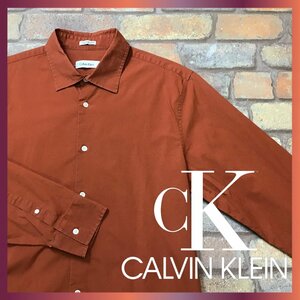 ME9-666★USA正規品★状態◎★レンガ色【Calvin Klein カルバン・クライン】ストレッチ ワイドカラー ドレスシャツ【メンズ L】長袖 古着