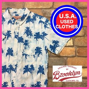 MS1-009★USA直輸入★良カラー【BROOKLYN CLOTH】ヤシの木総柄 コットン 半袖 アロハシャツ【メンズ M】ホワイト アメカジ レプリカ 古着