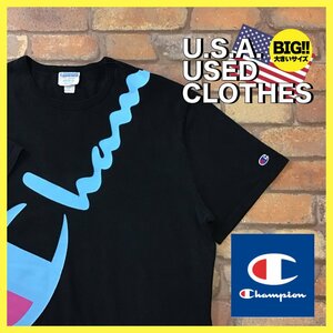 ME12-037★USA直輸入★オーバーサイズ★【CHAMPION】復刻 バータグ デカロゴ 両面プリントTシャツ【メンズ 2XL】ブラック コットン