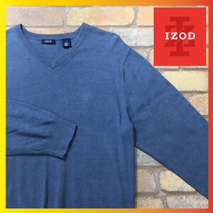 ME8-781★USA買付品★ゆったりサイズ★【IZOD アイゾッド】刺繍ロゴ Vネック セーター【メンズ L】薄群青色 薄手 ニット ゴルフ 裾タグ