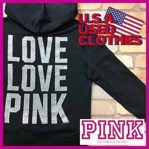 ME11-738★USA買付商品★存在感◎★【PINK VICTORIA'S SECRET】ラインストーン スウェット ジップパーカー【L】ブラック USA古着 ピクシー