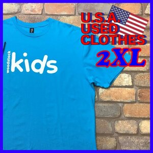 ME10-009★USA直輸入!!★状態良好★ブルー系【woodstock kids】クルーネック 半袖 BIGシルエット Tシャツ【メンズ XXL】古着 デカシャツ