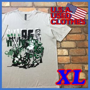 ME10-914★インパクト抜群★BIGサイズ★【Reflexion】緑灰 ロボット Vネック 半袖 Tシャツ【メンズ XL】USA古着 プリント ストリート