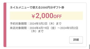 5/2まで ホットペッパービューティー 代理予約 ネイルメニュー 2000円分 1回 ホットペッパービューティ ギフト