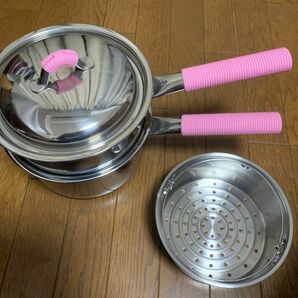 未使用　プリンセスなべ　大小セット　２段重ね　蓋　専用蒸し器　シリコンカバー付　アサヒ軽金属