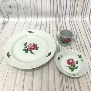 s001 K3 保管品 マイセン Meissen 小さめコーヒーカップ 小皿/大皿 3点まとめて ピンクローズ 薔薇 バラ 食器 西洋磁器 中古