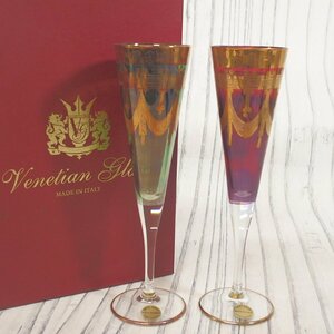 f002 C1 未使用 Venetian Glass REAL GOLD HAND PAINTED シャンパングラス 工芸ガラス ハンドメイド 長期保管品