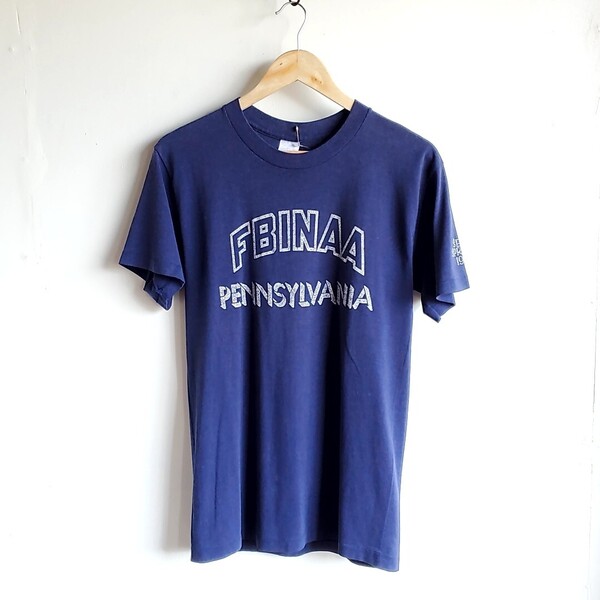 53●USA製 80s Sportswear 半袖Tシャツ sizeＬネイビー 紺 プリント 古着 ヴィンテージ USED 中古