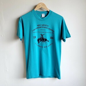 399◆80s JERZEES BY RUSSELL 半袖プリントTシャツ M 38-40 青系 USA製 コットンポリ 古着 ヴィンテージ vintage USED 中古