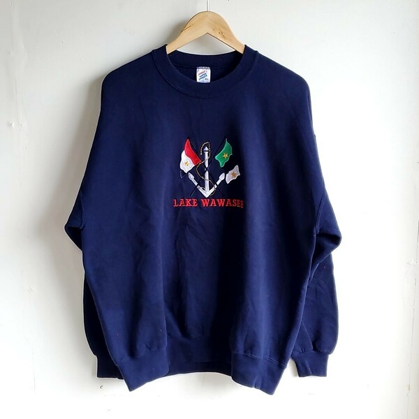 D7◆USA製 90s JERZEES SUPER SWEATS 長袖 スウェット sizeXL ネイビー 紺 LAKE WAWASEE トレーナー 中古 USED 古着　