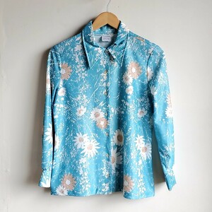 T09★70s JCPenney 長袖 ポリシャツ 総柄 花柄 水色×白 vintage ヴィンテージ 古着 USED 中古 0001 